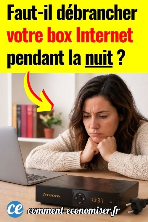 Femme pensive devant un ordinateur, regardant une box internet pos&eacute;e sur la table.