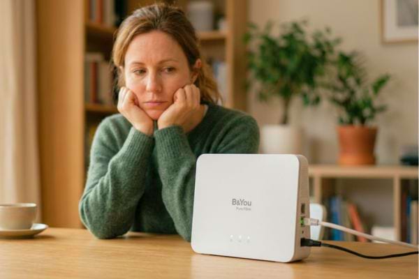 Femme pensive regardant une box internet pos&eacute;e sur la table.