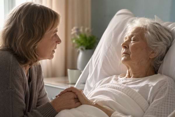 une femme vieille dans un lit d'h&ocirc;pital