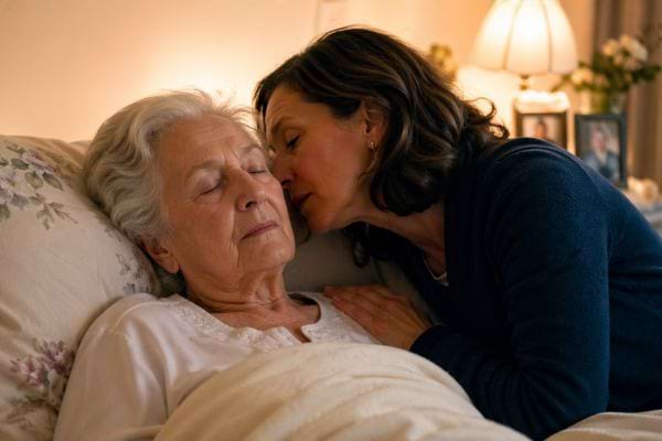 une femme parle &agrave; une vieille femme dans un lit