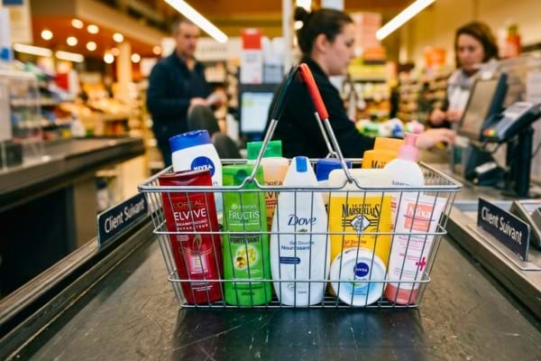 n panier de courses contenant des bouteilles de shampoing, du gel douche et des cr&egrave;mes de soin