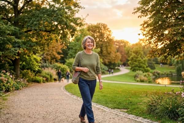 ne femme de 60 ans souriante, habill&eacute;e avec des v&ecirc;tements confortables, marchant dans un parc 