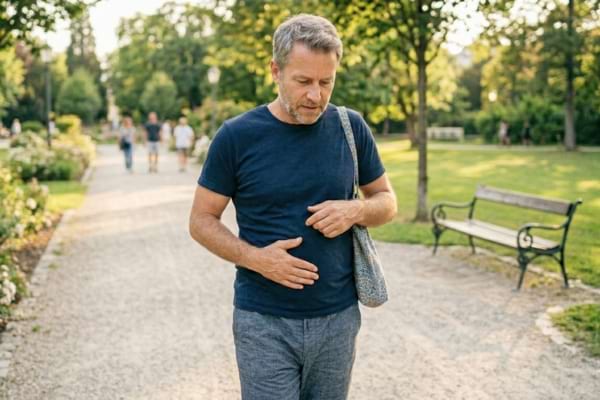 Un homme qui se prom&egrave;ne main sur le ventre