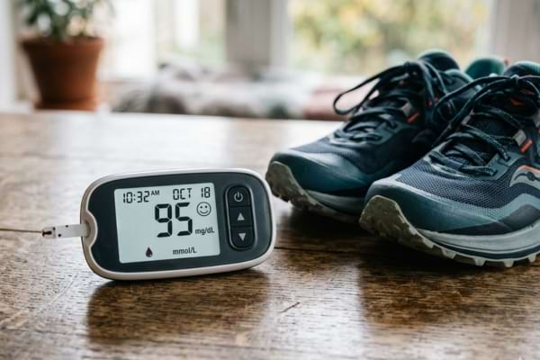 un moniteur de glyc&eacute;mie moderne affichant un taux de sucre normal et sain. Le moniteur est pos&eacute; sur une table en bois &agrave; c&ocirc;t&eacute; d'une paire de chaussures