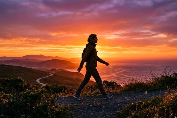 une silhouette humaine marchant de profil au coucher du soleil