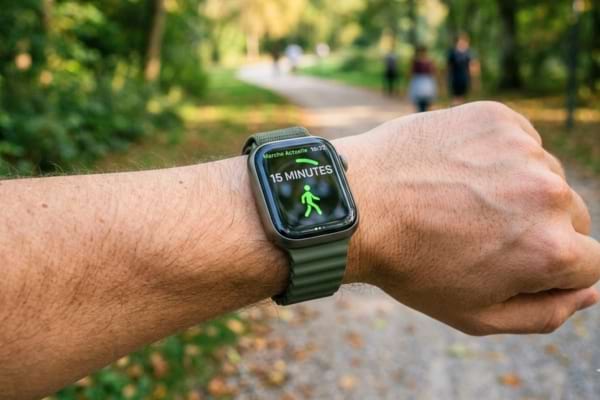 une montre connect&eacute;e au poignet d'une personne. L'&eacute;cran affiche "15 minutes" et un petit logo de marche