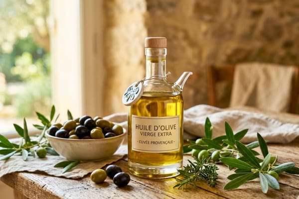 belle bouteille d'huile d'olive en verre pos&eacute;e sur une table en bois rustique