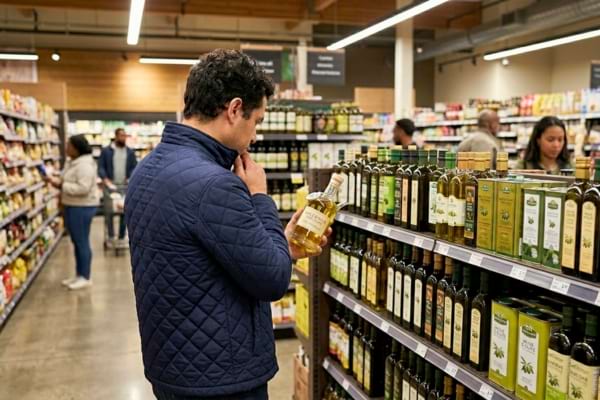 Client de dos regardant attentivement une &eacute;tiquette de bouteille d'huile d'olive dans un rayon de supermarch&eacute; 