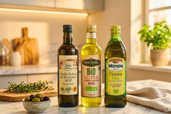 3 bouteilles d'huile d'olive de marques diff&eacute;rentes pos&eacute;es sur un plan de travail