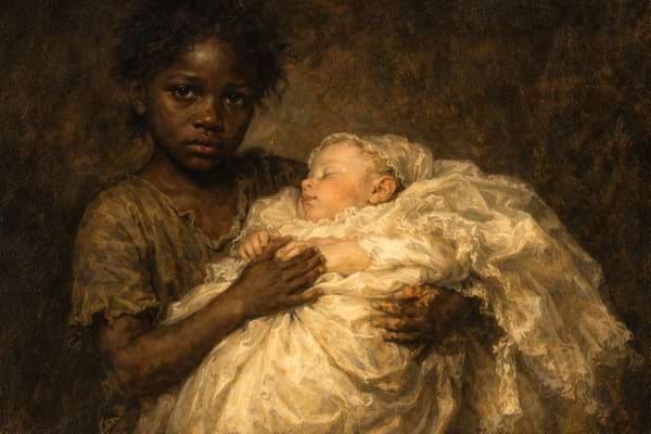 A detailed close-up of a classical painting style focusing on a young enslaved girl with a sad, serious expression