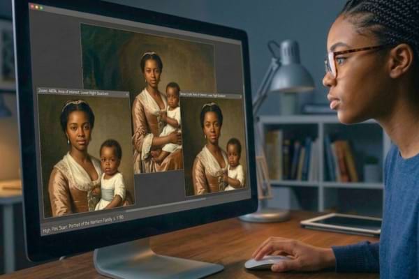 Close-up shot of a modern computer screen displaying a high-resolution scan of an old painting.