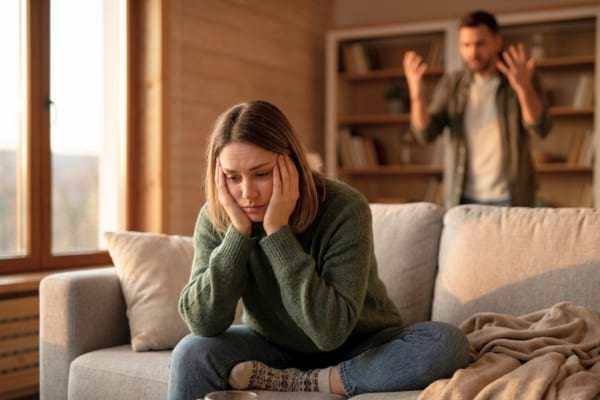 une femme assise sur un canapé confortable de salon. Elle tient sa tête dans ses mains, visiblement épuisée mentalement