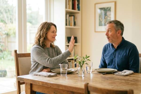 Une femme lève la main calmement pour signifier "stop", avec une expression sereine mais ferme.
