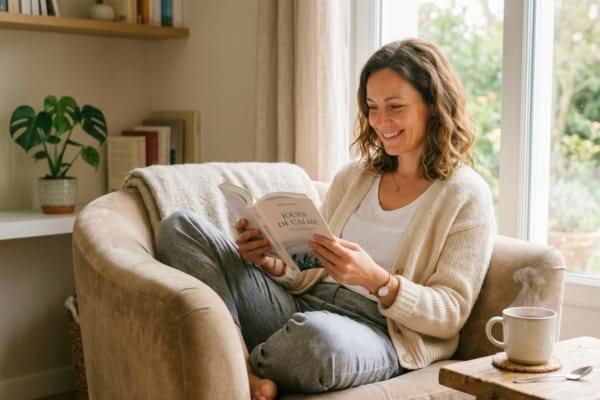 ne femme souriante qui lit un livre seule sur un fauteuil, avec une tasse de thé fumante à côté d'elle