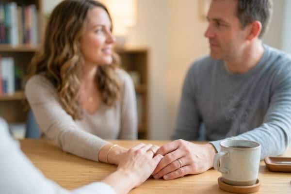 deux mains qui se tiennent doucement sur un bureau clair.