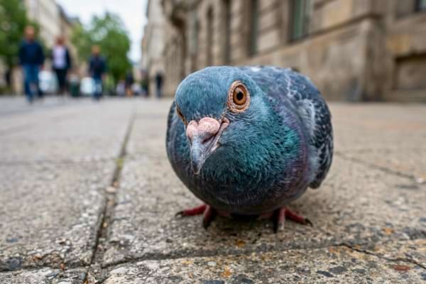 Un pigeon en gros plan regardant curieusement l'objectif avec son &oelig;il rond.