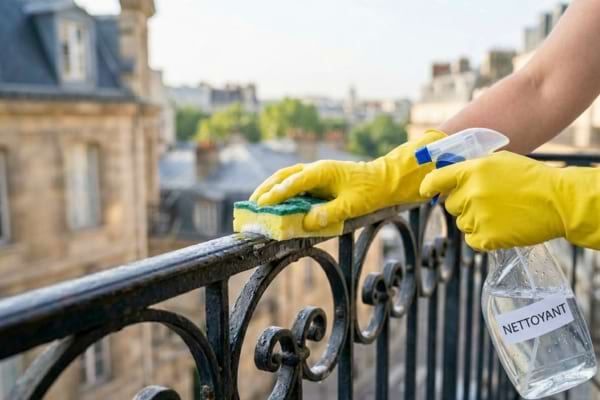 Des mains portant des gants de m&eacute;nage jaunes tenant une &eacute;ponge propre et un vaporisateur d'eau 