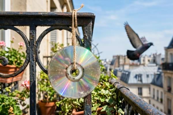 Un vieux CD accroch&eacute; par une ficelle &agrave; une rambarde de balcon, refl&eacute;tant fortement les rayons du soleil