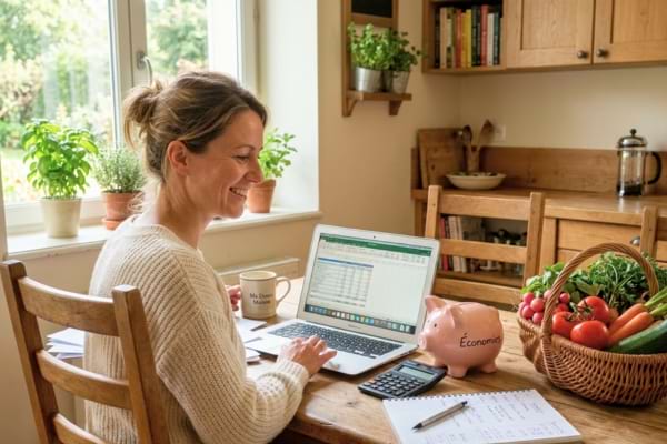 Une personne souriante assise à la table de la cuisine, faisant ses comptes sur un ordinateur portable.