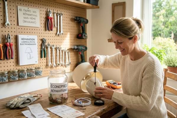 Une femme qui répare un luminaire cassé elle meme pour faire des économies