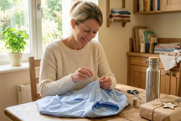 Une personne est en train de coudre un bouton sur une chemise pour faire des économies