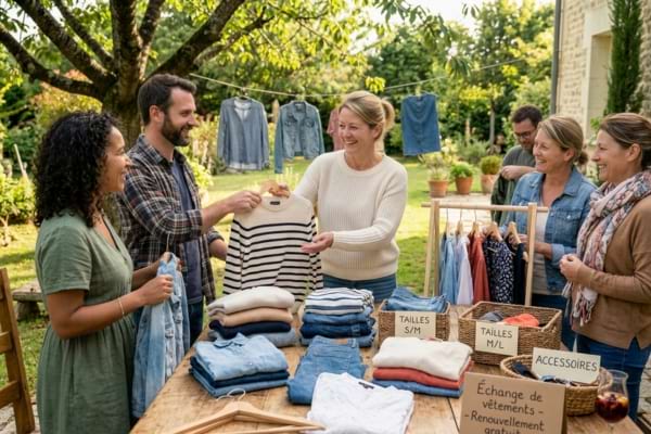 Un groupe de personnes qui s'échangent des vêtements pour faire des économies