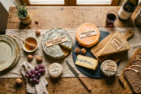 Une belle table en bois rustique avec un assortiment de fromages fermiers entiers