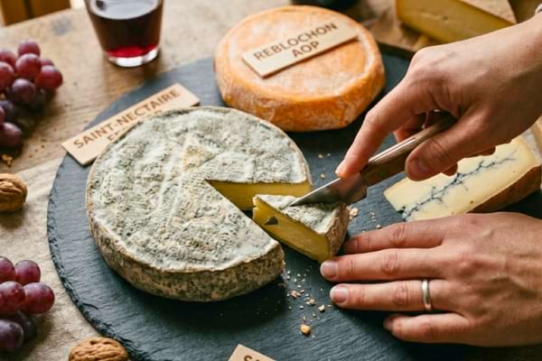 ne main coupant une petite part parfaite de 20 grammes de fromage avec un couteau