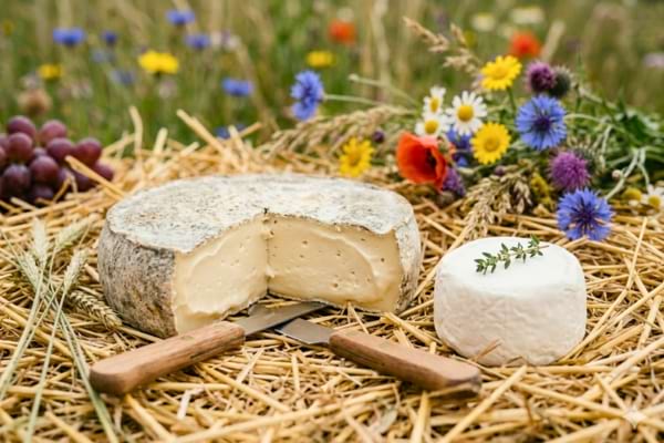 un beau Saint-Nectaire crémeux coupé en deux à côté d'un petit fromage de chèvre frais