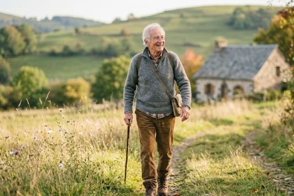 une personne âgée souriante marchant facilement dans la nature