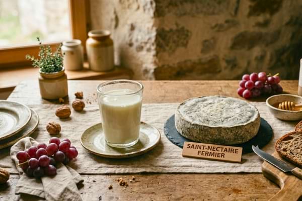 un verre de lait frais de la ferme à côté d'une meule de fromage rustique