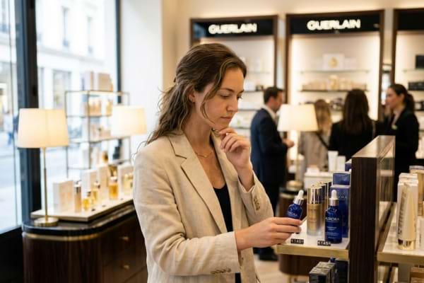 Une jeune femme regarde pensivement les prix dans un rayon de cosmétiques de luxe.