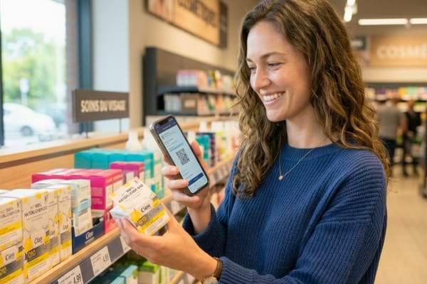 Une femme qui scan un produit cosmétique sur Yuka