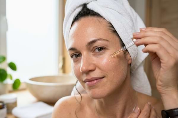 Une femme applique délicatement des gouttes de sérum sur son visage avec une pipette en verre