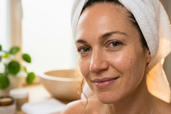 Gros plan sur le visage d'une femme à la peau éclatante, repulpée et bien hydratée