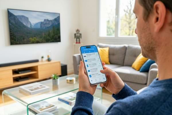 une personne tenant un smartphone moderne affichant une application de scan de r&eacute;seau