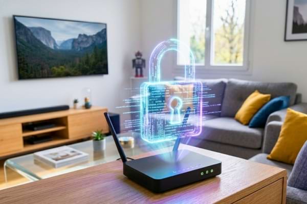 Un cadenas num&eacute;rique holographique brillant au-dessus d'une box internet moderne pos&eacute;e sur un meuble TV.