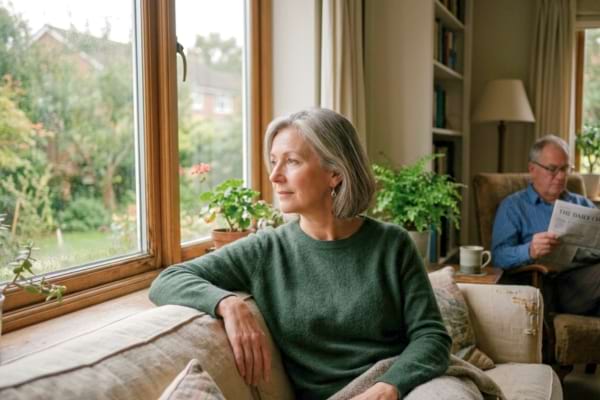 a mature woman in her 50s sitting on a comfortable sofa by a window, looking thoughtfully outside.