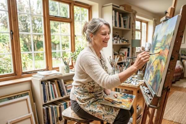 a smiling mature woman in her late 50s painting on a canvas in a bright, sunlit room