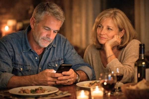 a mature couple sitting at a dining table. The man is looking at his smartphone, while the woman is looking at him