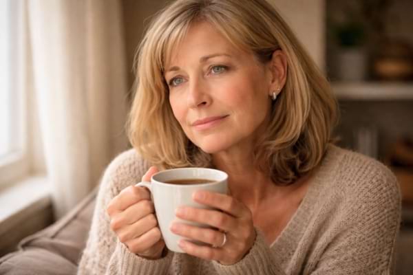 a beautiful mature woman in her 50s holding a warm cup of tea, looking serene but slightly tired.