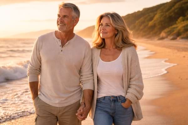 a happy mature couple walking together on a beach at sunset, holding hands