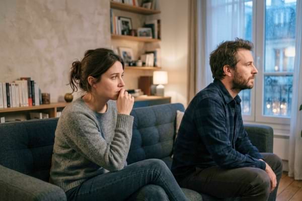 Une femme pensive et un peu triste assise sur un canapé