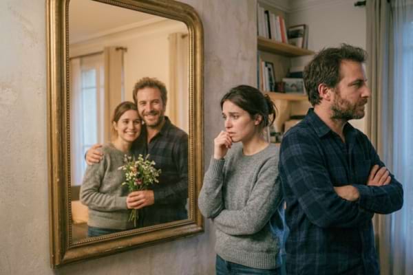 Un miroir reflétant un couple. Dans la réalité (hors du miroir), l'homme a une posture distante et fermée,