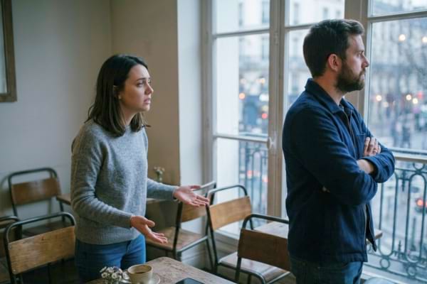 Une femme essayant de parler calmement avec les mains ouvertes, tandis que l'homme lui tourne le dos