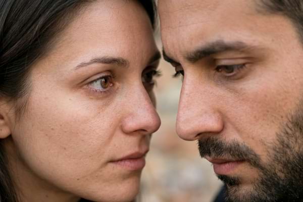 La femme cherche le regard de l'homme avec une expression de tendresse et d'incompréhension