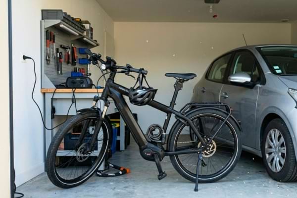 v&eacute;lo &eacute;lectrique moderne gar&eacute; &agrave; c&ocirc;t&eacute; de ma voiture dans mon garage