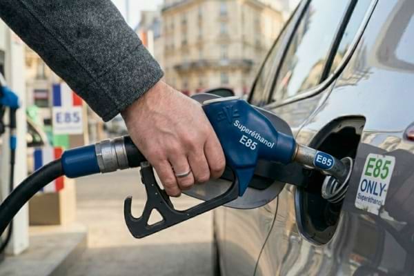 main saisissant un pistolet de pompe &agrave; essence bleu avec l'inscription "Super&eacute;thanol E85"