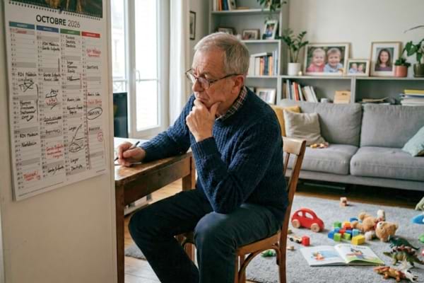 un homme de 68 ans, l'air fatigué et pensif, assis dans un salon moderne. Autour de lui des jouets