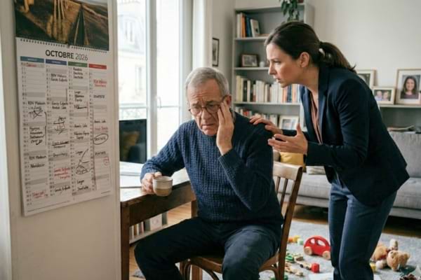 Une jeune femme habillée pour le travail, parle avec des gestes expressifs à son père âgé